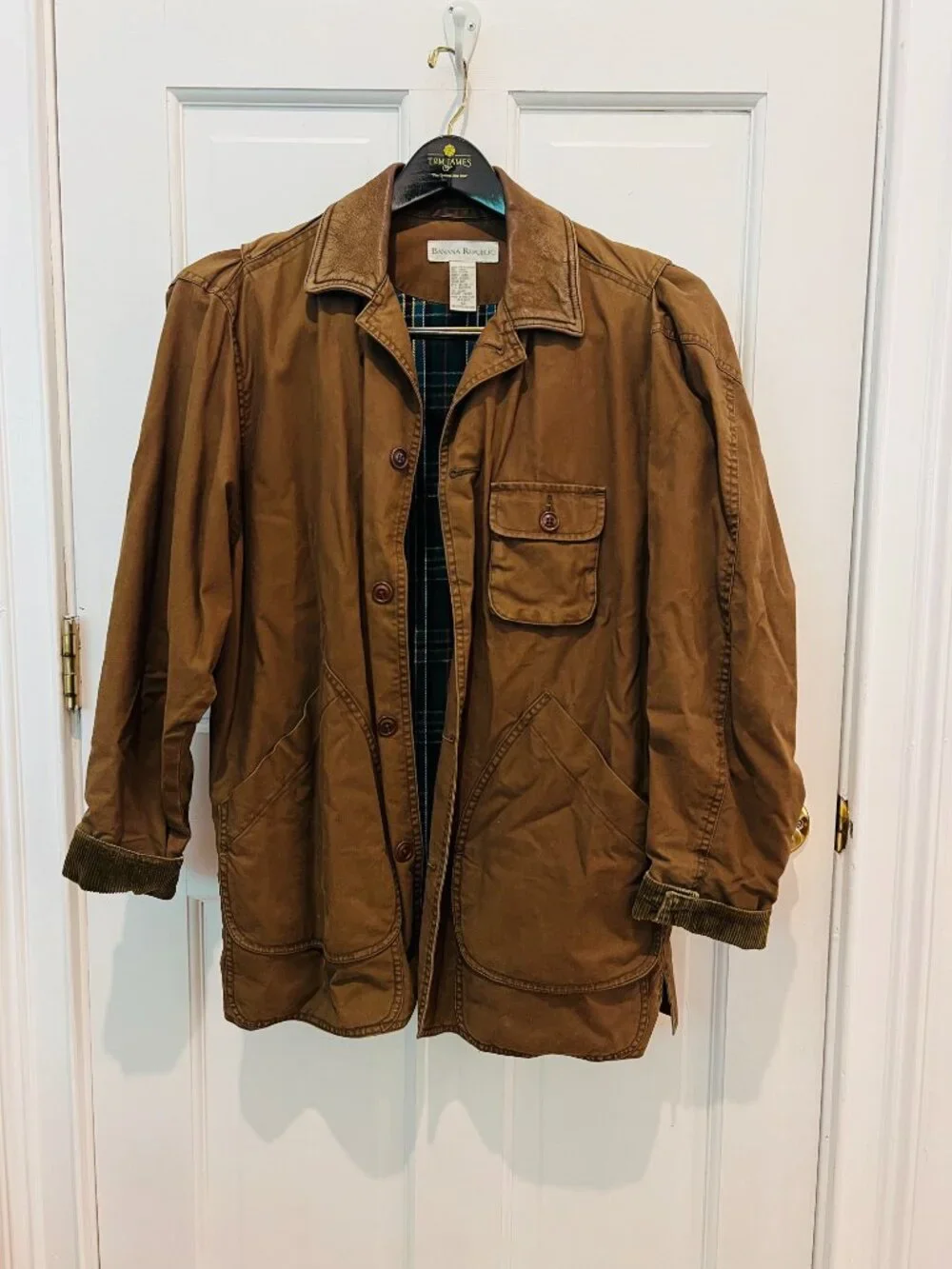 Vintage 90s Banana Republic Mens XS Flannel Lined Leather Collar Chore Jacket